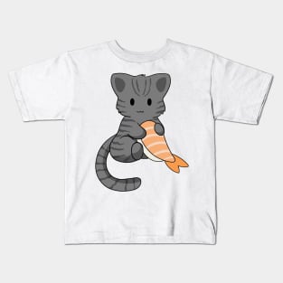 Grey Tabby Cat with Prawn Sushi Roll Kids T-Shirt